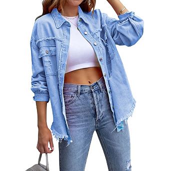 Women's Oversized Denim Jacket Casual Long Sleeve Denim Shirts Distresse Jean Jacket Fall Outfits