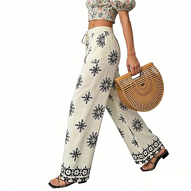 Women's Boho Floral Wide Leg trouser with Pockets - Elastic Waist Drawstring Casual Summer Pants