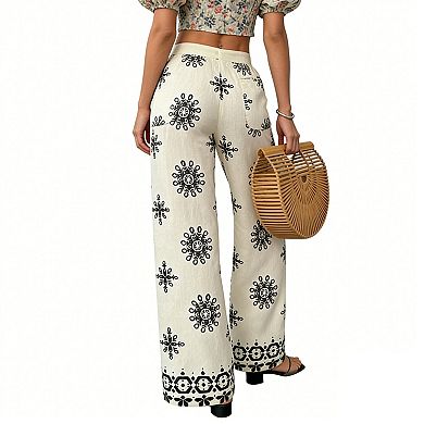 Women's Boho Floral Wide Leg trouser with Pockets - Elastic Waist Drawstring Casual Summer Pants
