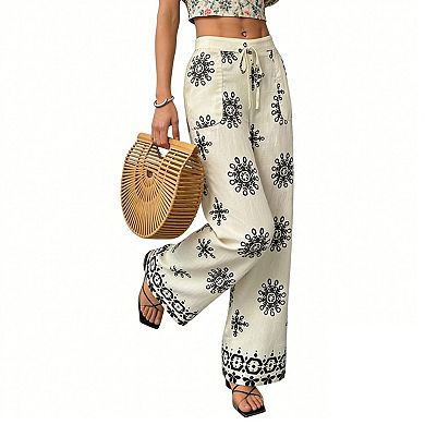 Women's Boho Floral Wide Leg trouser with Pockets - Elastic Waist Drawstring Casual Summer Pants