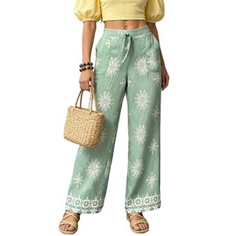 Women's Boho Floral Wide Leg trouser with Pockets - Elastic Waist Drawstring Casual Summer Pants