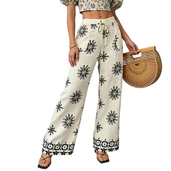 Women's Boho Floral Wide Leg trouser with Pockets - Elastic Waist Drawstring Casual Summer Pants