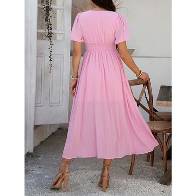 Women's Summer Casual Midi Dress Puff Sleeve V Neck Ruched Button Front Split Boho Beach Dresses