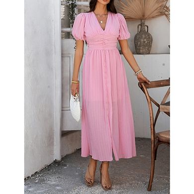 Women's Summer Casual Midi Dress Puff Sleeve V Neck Ruched Button Front Split Boho Beach Dresses