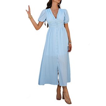 Women's Summer Casual Midi Dress Puff Sleeve V Neck Ruched Button Front Split Boho Beach Dresses