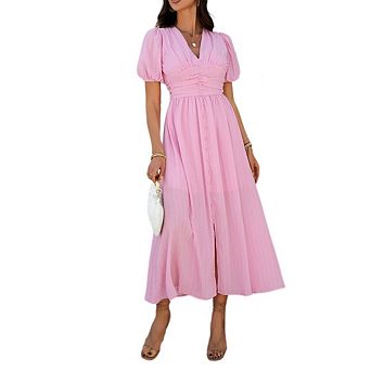 Women's Summer Casual Midi Dress Puff Sleeve V Neck Ruched Button Front Split Boho Beach Dresses