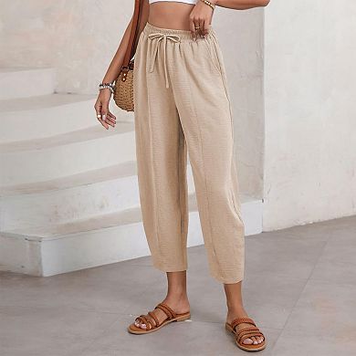 Women's Casual Loose Pants Drawstring Elastic Waist 9-Length Trousers with Side Pockets