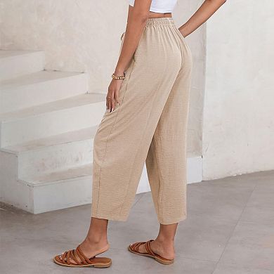 Women's Casual Loose Pants Drawstring Elastic Waist 9-Length Trousers with Side Pockets