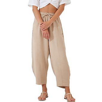 Women's Casual Loose Pants Drawstring Elastic Waist 9-Length Trousers with Side Pockets