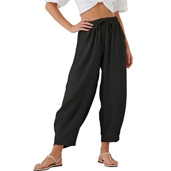 Women's Casual Loose Pants Drawstring Elastic Waist 9-Length Trousers with Side Pockets