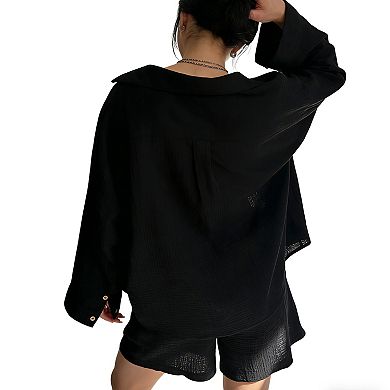 Women's 2 Piece Outfits Gauze Sets Shorts Sets - Oversized Button Down Shirt and Drawstring Shorts