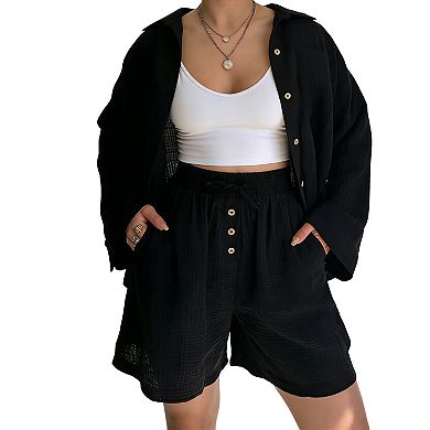 Women's 2 Piece Outfits Gauze Sets Shorts Sets - Oversized Button Down Shirt and Drawstring Shorts