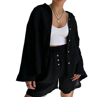 Women's 2 pc Outfits Gauze Sets Shorts Sets - Oversized Button Down Shirt and Drawstring Shorts