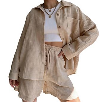 Women's 2 pc Outfits Gauze Sets Shorts Sets - Oversized Button Down Shirt and Drawstring Shorts