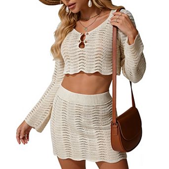 Women's 2 pc Crochet Knit Set - Long Sleeve Cutout Crop Top with Mini Skirt for Beach Cover-Up