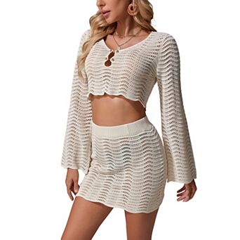 Crochet Long Sleeve Crop Top & Mini Skirt Two Piece for Women - CutoutKnit Beach Cover Up Outfits