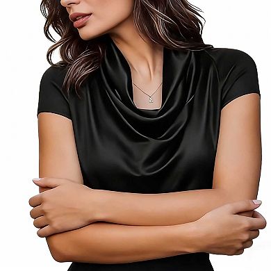 Women's Cowl Neck Satin Blouse, Short Sleeve Draped Work Blouse for Office