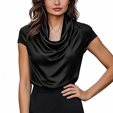 Women's Cowl Neck Satin Blouse, Short Sleeve Draped Work Blouse for Office