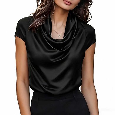 Women's Cowl Neck Satin Blouse, Short Sleeve Draped Work Blouse for Office