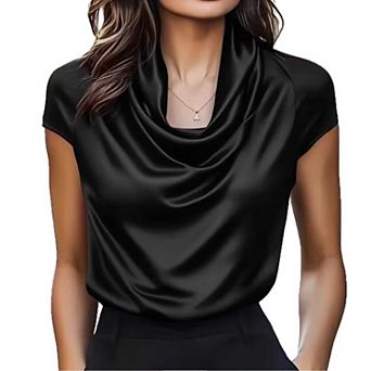 Women's Cowl Neck Satin Blouse, Short Sleeve Draped Work Blouse for Office