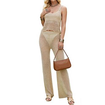Women's 2 pc Crochet Knit Set - Sleeveless Crop Cami Top with Wide Leg Pants for Beach Cover-Up