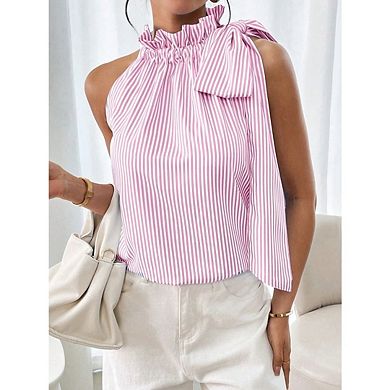 Women's Striped Halter Tie Knot Neck Sleeveless Ruffle Elegant Blouse