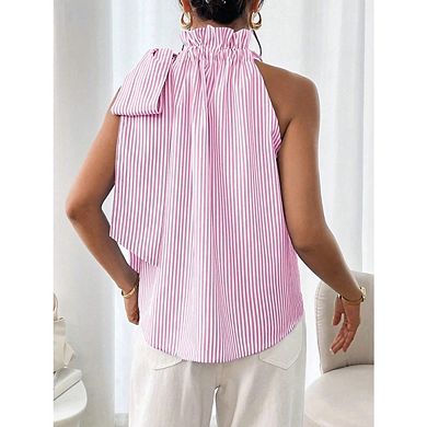 Women's Striped Halter Tie Knot Neck Sleeveless Ruffle Elegant Blouse