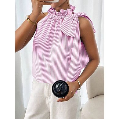 Women's Striped Halter Tie Knot Neck Sleeveless Ruffle Elegant Blouse
