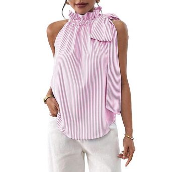 Women's Striped Halter Tie Knot Neck Sleeveless Ruffle Elegant Blouse