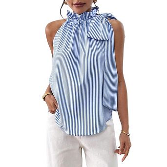 Women's Striped Halter Tie Knot Neck Sleeveless Ruffle Elegant Blouse