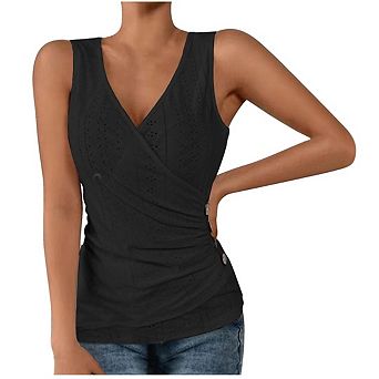 Women's V Neck Tank Tops Solid Color Sleeveless Wrap Tops Fitted Ruched T Shirts