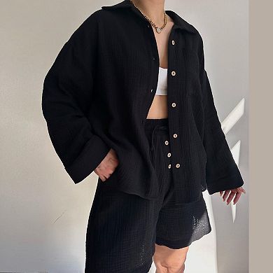 Women's 2 Piece Button Down Shirt and Shorts Set - Oversized Top with Drawstring Waist Shorts