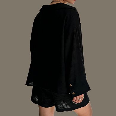 Women's 2 Piece Button Down Shirt and Shorts Set - Oversized Top with Drawstring Waist Shorts