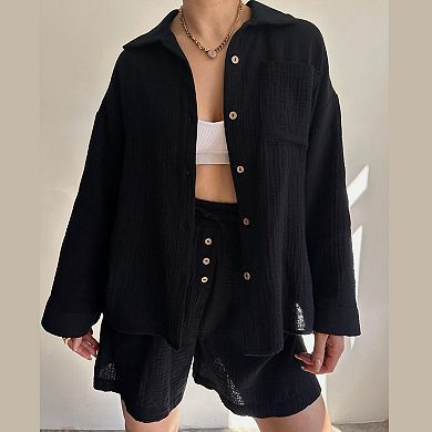 Women's 2 Piece Button Down Shirt and Shorts Set - Oversized Top with Drawstring Waist Shorts