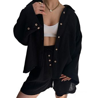 Women's 2 pc Button Down Shirt and Shorts Set - Oversized Top with Drawstring Waist Shorts