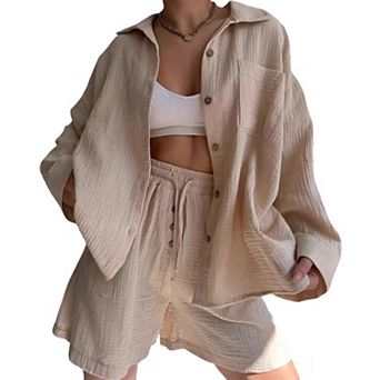Women's 2 pc Button Down Shirt and Shorts Set - Oversized Top with Drawstring Waist Shorts
