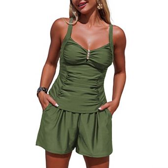 Ruffled Ruched Crop Tank Top with High Waist Shorts Two Piece Swimsuit