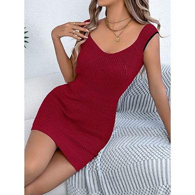Women's Summer V Neck Ribbed Knit Sleeveless Tunic Tank Dresses