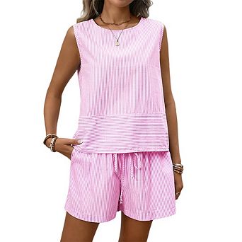 Womens 2 pc Outfits Striped Casual Sleeveless Crew Neck Tank Top Matching Shorts with Pockets