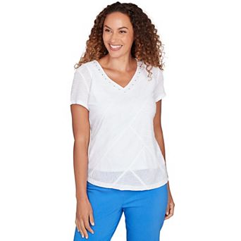 Hearts of Palm Women's Smooth Sailing Solid Wavy Stripe Short Sleeve Top With Embellishment