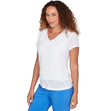 Hearts of Palm Women's Smooth Sailing Solid Wavy Stripe Short Sleeve Top With Embellishment