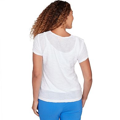Hearts of Palm Women's Smooth Sailing Solid Wavy Stripe Short Sleeve Top With Embellishment