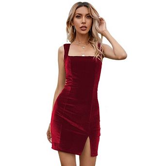 Women's Velvet Bodycon Mini Dress Sleeveless Square Neck Side Slit for Party Club Wear