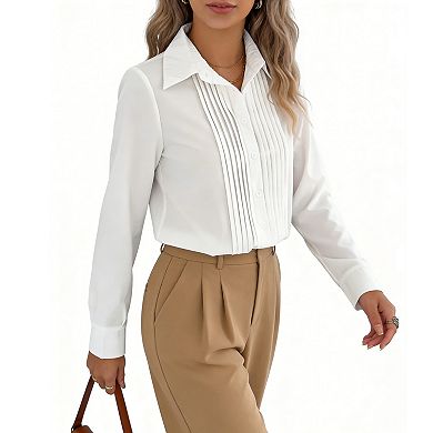 Long Sleeve Pleated Button Down Blouse for Women - Collared Casual Work Top with Vertical Pleating
