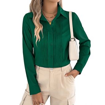 Long Sleeve Pleated Button Down Blouse for Women - Collared Casual Work Top with Vertical Pleating