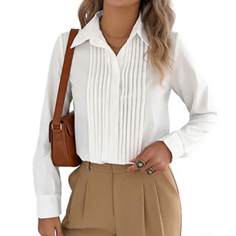 Long Sleeve Pleated Button Down Blouse for Women - Collared Casual Work Top with Vertical Pleating
