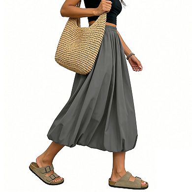 Women's Bubble Hem Midi Skirt with Pockets - Elastic Waist Flowy Casual Skirt for Summer & Spring