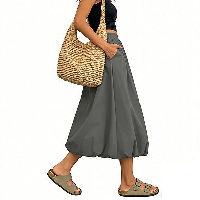 Women's Bubble Hem Midi Skirt with Pockets - Elastic Waist Flowy Casual Skirt for Summer & Spring
