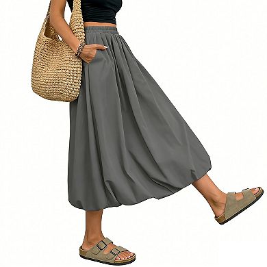 Women's Bubble Hem Midi Skirt with Pockets - Elastic Waist Flowy Casual Skirt for Summer & Spring