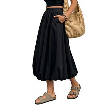 Women's Bubble Hem Midi Skirt with Pockets - Elastic Waist Flowy Casual Skirt for Summer & Spring